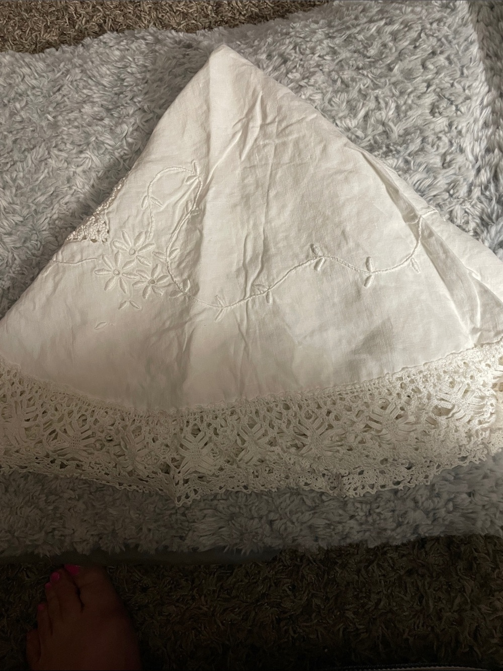 White Embroidered Cotton Pillowcase with Crochet Lace Trim